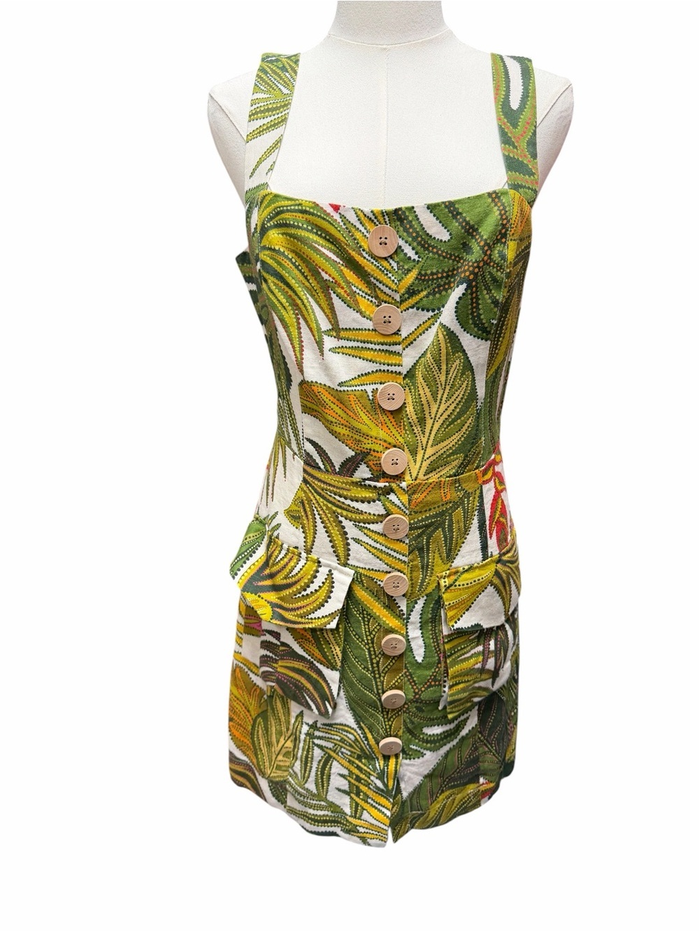 F_16 Farm Rio Spotted Leaves Utility Mini Dress
